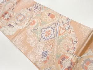 道長取りに花菱・鶴・花々模様織出し袋帯